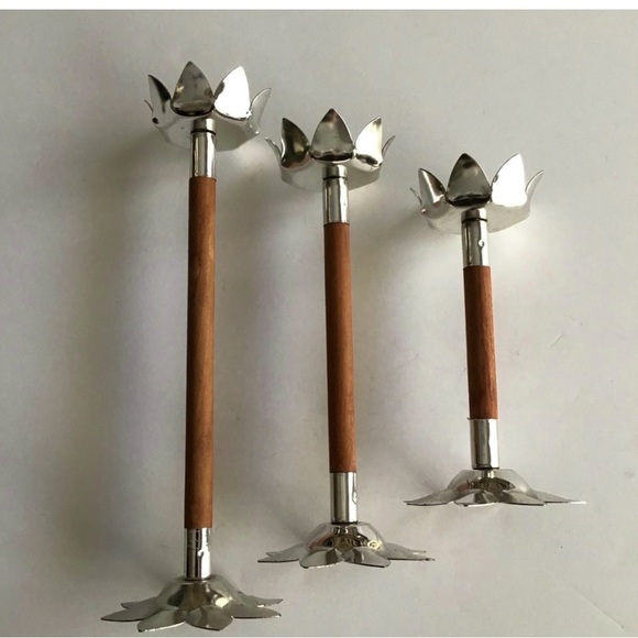 Vintage Mid Century Modern TRIO Wood Danish Look Votive Candle Holders Flowers - Picture 1 of 4